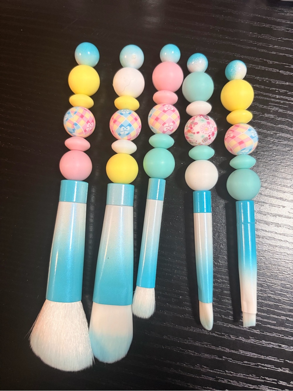 Pastel Beaded Blue Handle Makeup Brush Set - Women Makeup Brushes & Tools